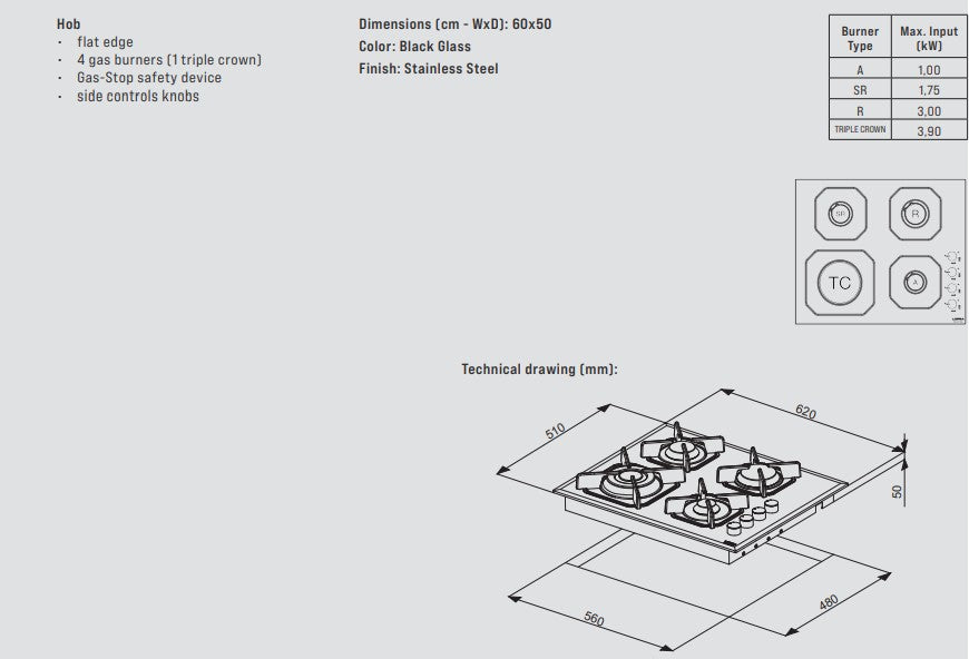 Lofra Mercurio 60 HGN6H0 Side Control Black Glass 4 Burner Gas Hob Dimensions