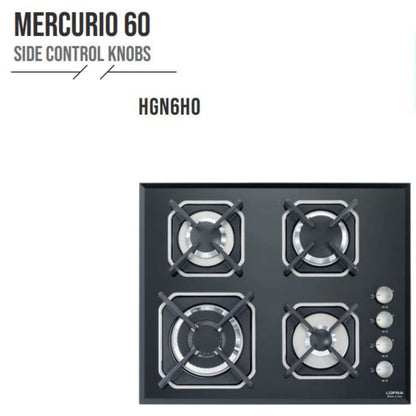 Lofra Mercurio 60 HGB6H0 Side Control Black Glass 4 Burner Gas Hob