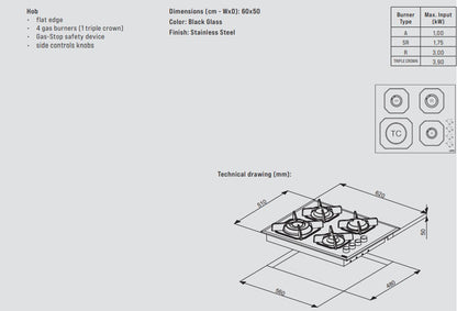 Lofra Mercurio 60 HGB6H0 White Glass Side Control Knobs 4 Burner Gas Hob