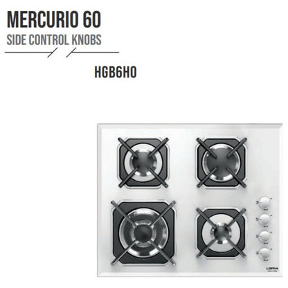 Lofra Mercurio 60 HGB6H0 White Glass Side Control Knobs 4 Burner Gas Hob