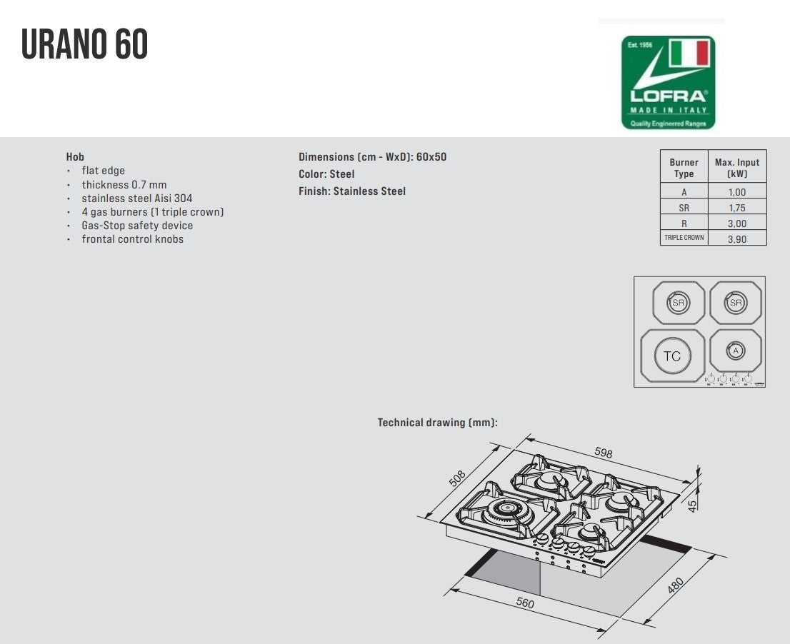 Lofra Urana 60 HLNM6G0 4 Burner Low Profile Gas Hob Black 60cm