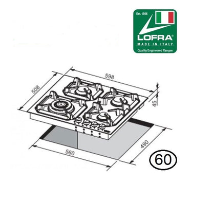 Lofra Urano HLS6M0 4 Burner Stainless Steel Low Profile Gas Hob 60cm