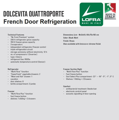 Lofra Dolcevita GFR NM 817 Black French 4 Door Frost Free Refrigerator Fridge Freezer 80cm