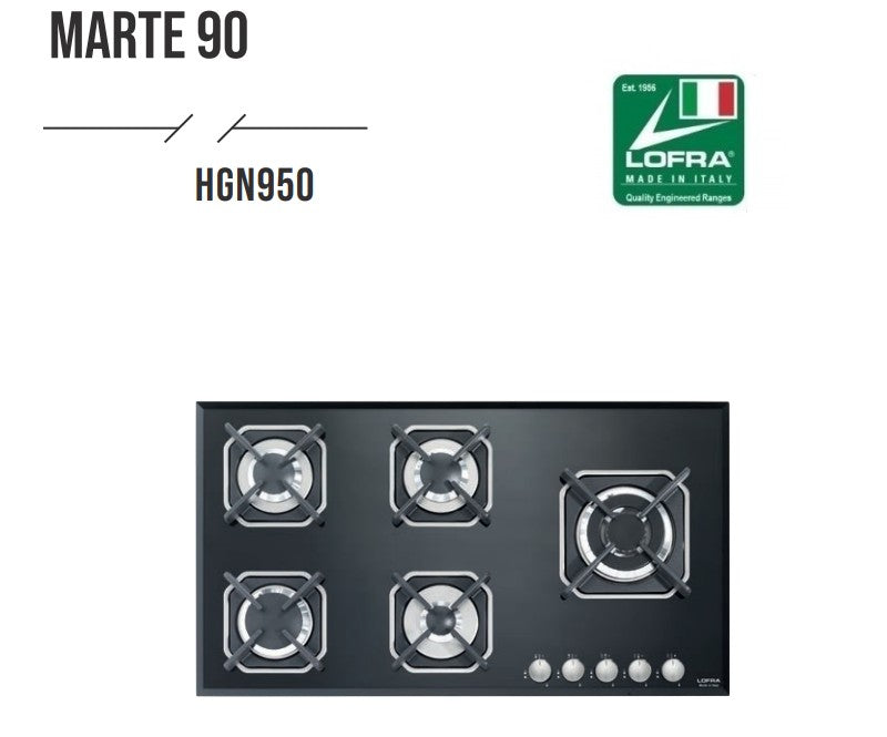 Lofra Marte 90 HGN950 Black Glass 5 Burner Gas Hob 90cm