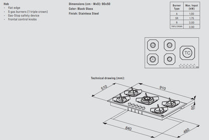 Lofra Marte 90 HGN950 Black Glass 5 Burner Gas Hob 90cm Dimensions