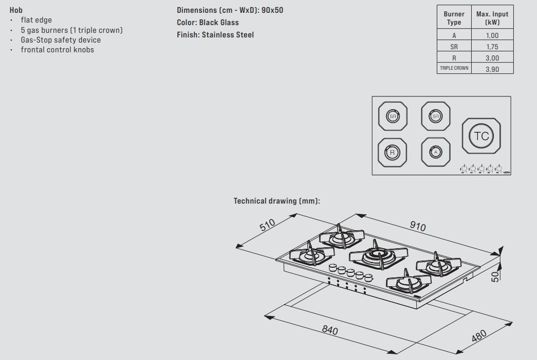 Lofra Marte 90 HGN950 White Glass 5 Burner Gas Hob 90cm