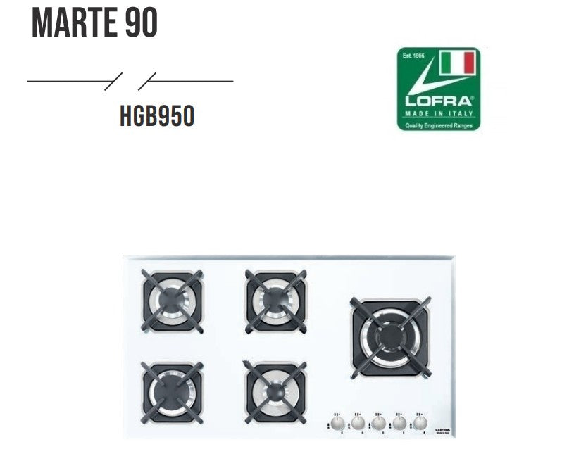 Lofra Marte 90 HGN950 White Glass 5 Burner Gas Hob 90cm