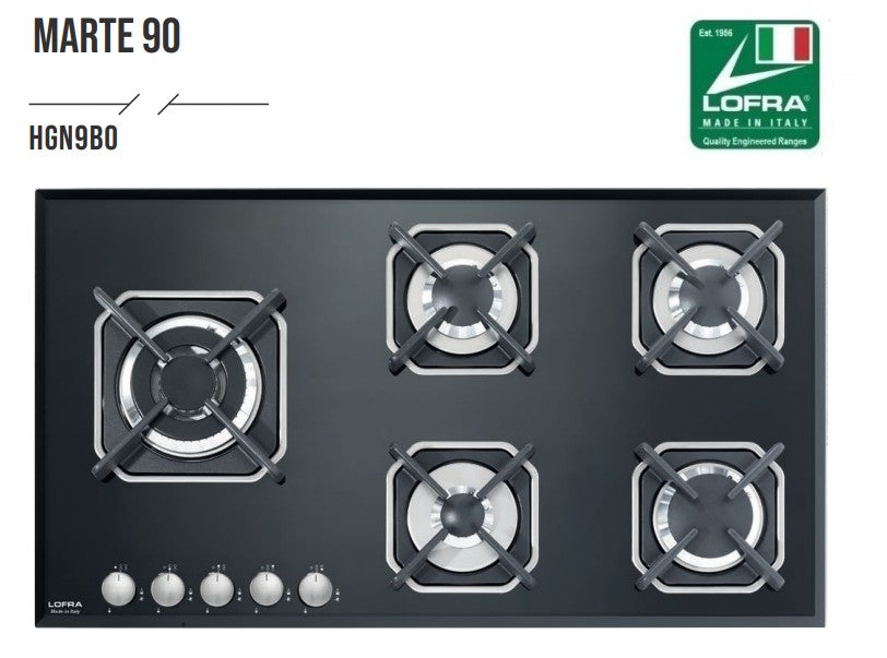 Lofra Marte 90 HGN9B0 Black Glass 5 Burner Gas Hob 90cm