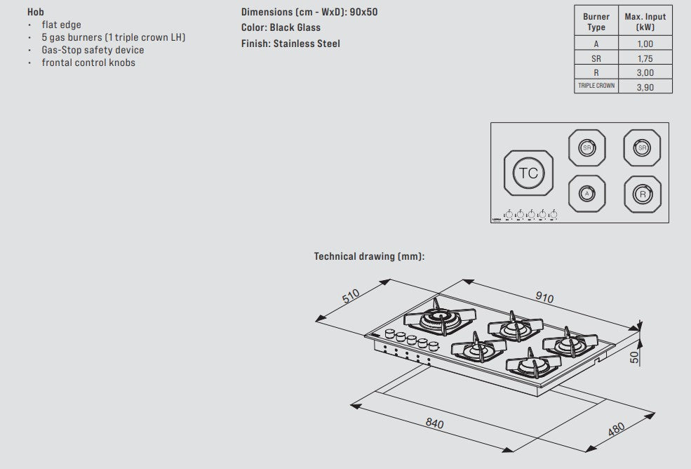 Lofra Marte 90 HGN9B0 Black Glass 5 Burner Gas Hob 90cm