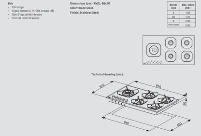 Lofra Marte 90 HGN9B0 Black Glass 5 Burner Gas Hob 90cm