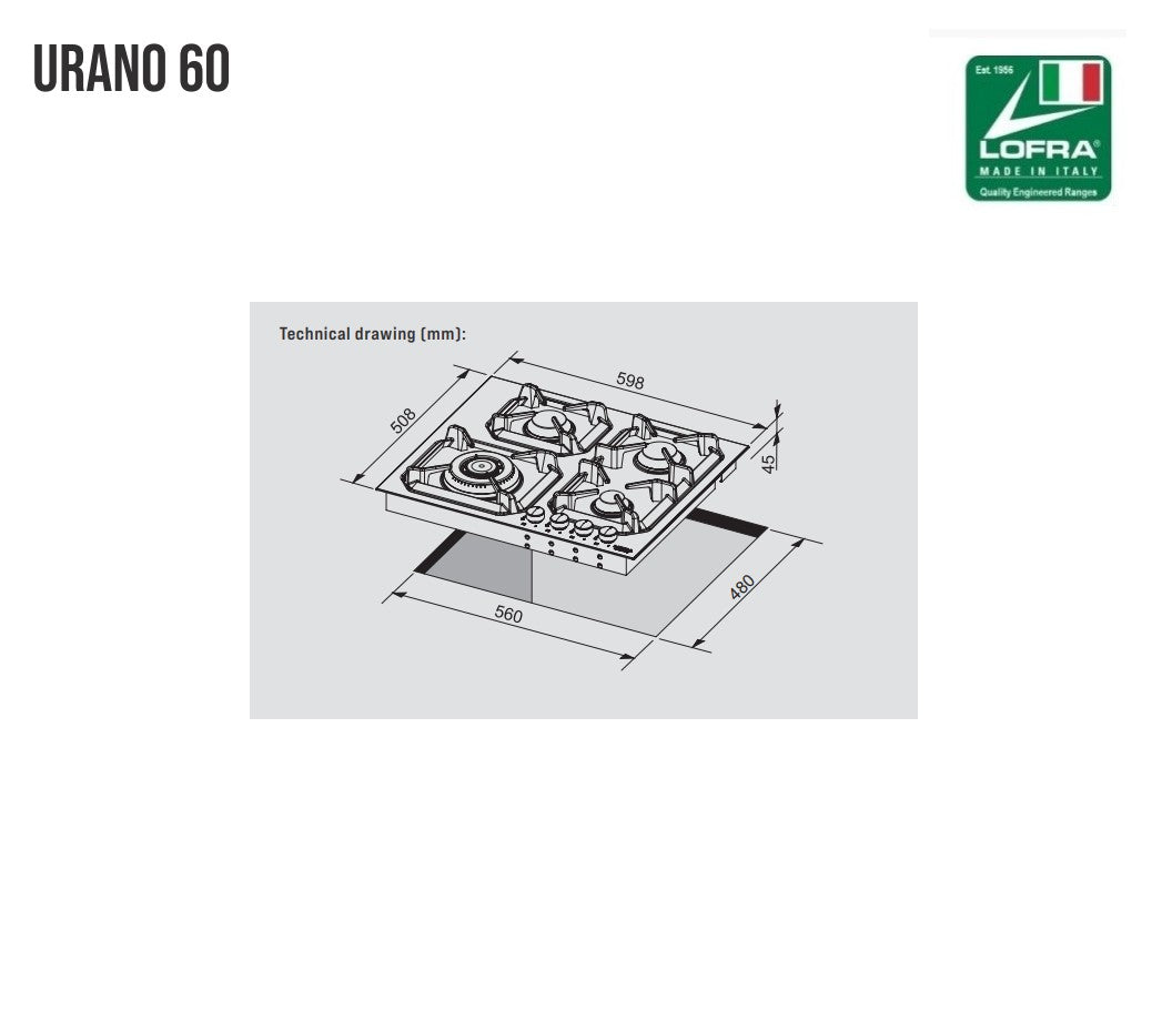 Lofra Urano 60 HLS640 4 Burner Stainless Steel Low Profile Gas Hob 60cm