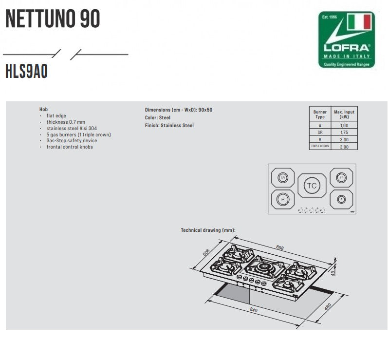 Lofra Nettuno HLS9A0 5 Burner Stainless Steel Low Profile Gas Hob 90cm