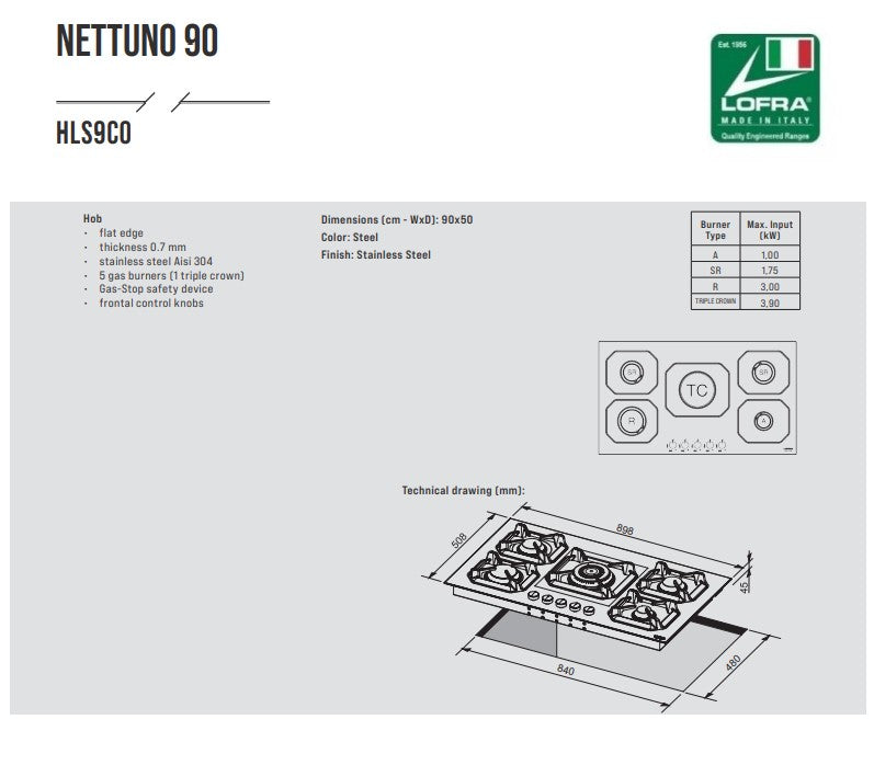 Lofra Nettuno 90 HLS9C0 5 Burner Stainless Steel Low Profile Gas Hob 90cm dimensions