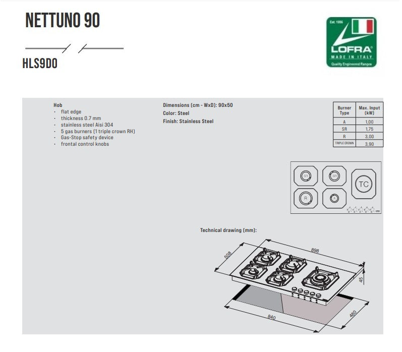 Lofra Nettuno 90 HLS9D0 5 Burner Stainless Steel Low Profile Gas Hob 90cm