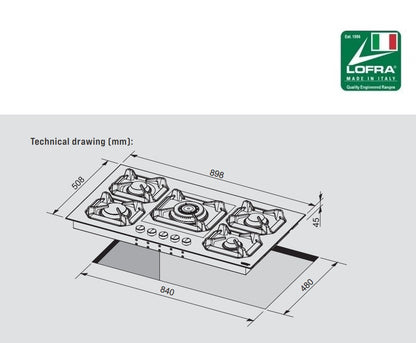 Lofra Sole HLS9U0 5 Burner Stainless Steel Low Profile Gas Hob 90cm