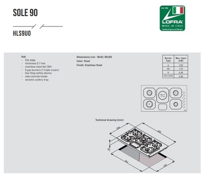 Lofra Sole HLS9U0 5 Burner Stainless Steel Low Profile Gas Hob 90cm