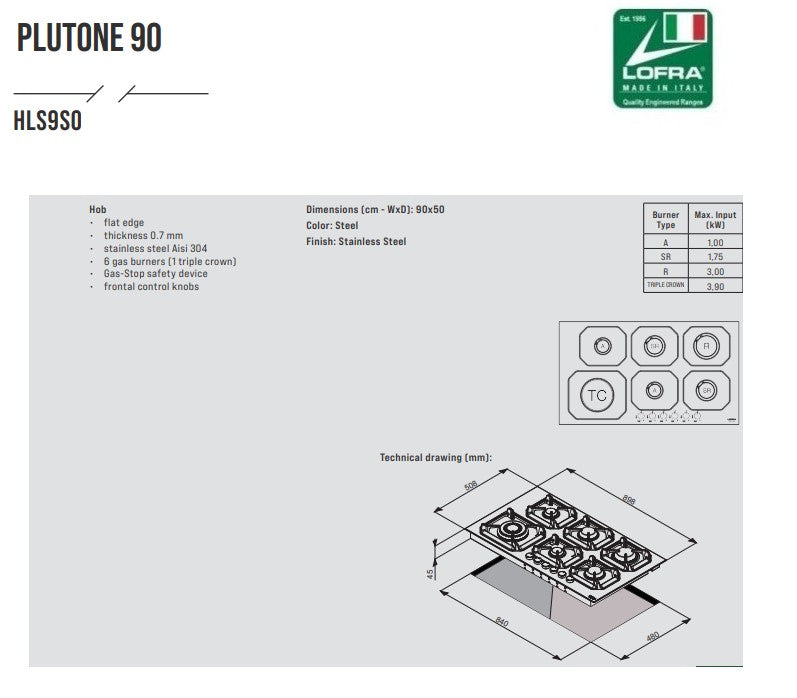 Lofra Plutone 90 HLS9S0 6 Burner Stainless Steel Low Profile Gas Hob 90cm Dimensions