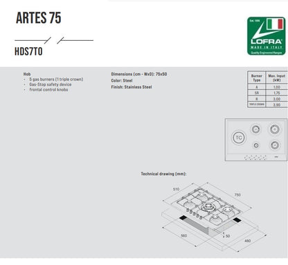 Lofra Artes 75 HDS7T0 5 Burner Gas Hob, Left Side Wok Burner 75cm