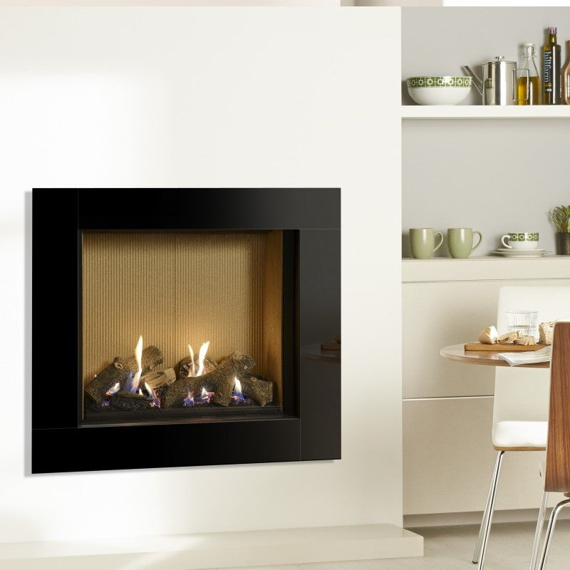 Gazco Riva2 750HL Balanced Flue Log Effect Gas Fire Icon XS Black Glass Frame