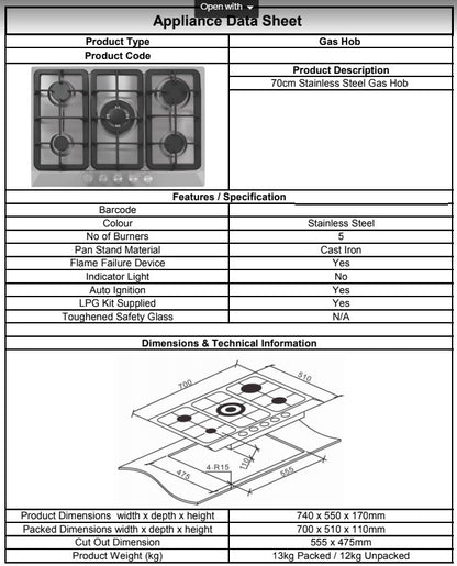 Culinary Stainless Steel 5 Burner Gas Hob TGCUBGHDFFJ70.1 (Special Offer)